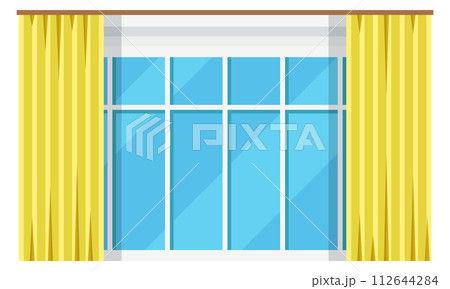 Window pane with yellow curtains hanging. Cartoon interior element Window pane with yellow curtains hanging. Cartoon interior element 112644284