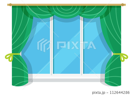 Cartoon window with green drapery. Cozy home element 112644286