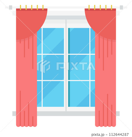 Window frame with pink curtains. Cartoon interior element 112644287