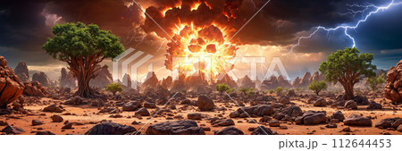 A large explosion rocks the landscape sending boulders and dust into the air. 112644453