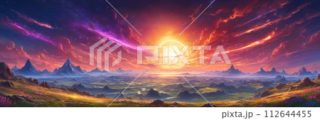 A beautiful fantasy landscape with sun and mountains 112644455