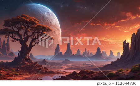 A tree in a rocky desert landscape with a large planet in the background A tree in a rocky desert landscape with a large planet in the background 112644730