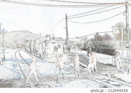 パステル調 ”SL冬の湿原号とカメラマン 北海道” イラストイメージ パステル調 ”SL冬の湿原号とカメラマン 北海道” イラストイメージ 112644838