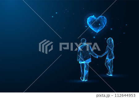 Love, romantic relationshios futuristic concept with couple holding hands and looking at heart Love, romantic relationshios futuristic concept with couple holding hands and looking at heart 112644953