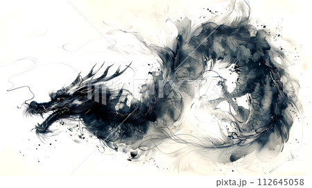 Illustration of Chinese brush painting of a dragon. Black ink lines drawn by master artist. It is a line that has weight, heaviness and lightness in art. Suitable for applying and decorating anywhere. Illustration of Chinese brush painting of a dragon. Black ink lines drawn by master artist. It is a line that has weight, heaviness and lightness in art. Suitable for applying and decorating anywhere. 112645058