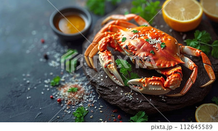 ワタリガニ使ったエレガントなシーフードディナー 112645589