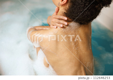 Happy woman bathing in bathtub water, leisure, and relaxation Happy woman bathing in bathtub water, leisure, and relaxation 112646253