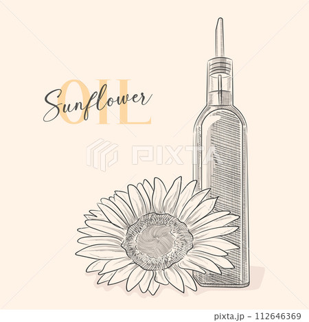 Hand-painted sunflower flowers, oil bottle. Still life of oil for design. Hand-painted sunflower flowers, oil bottle. Still life of oil for design. 112646369