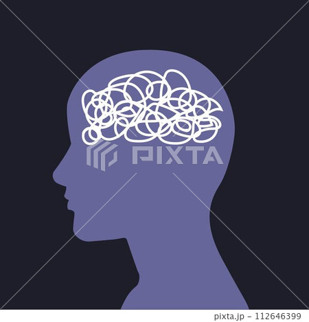 Silhouette of human head with tangled line inside 112646399