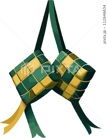 celebrating Lebaran or Eid MUbarak features vibrant ketupat designs on a green background. celebrating Lebaran or Eid MUbarak features vibrant ketupat designs on a green background. 112646634