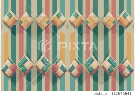 Celebrating Lebaran or Eid Mubarak featuring colorful ketupat designs against a striped background. 112646641