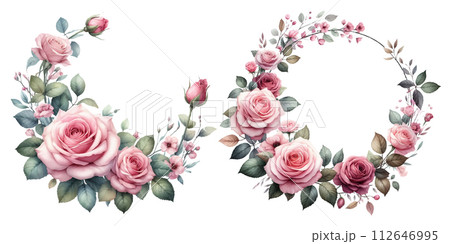 ピンクの薔薇のリースの水彩イラストの素材セット ピンクの薔薇のリースの水彩イラストの素材セット 112646995