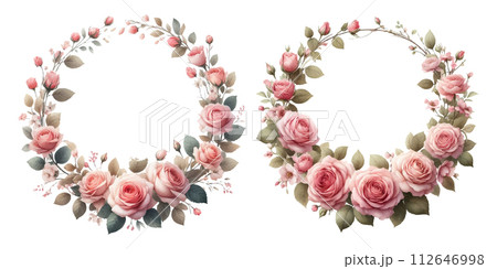 ピンクの薔薇のリースの水彩イラストの素材セット ピンクの薔薇のリースの水彩イラストの素材セット 112646998
