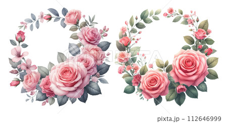 ピンクの薔薇のリースの水彩イラストの素材セット ピンクの薔薇のリースの水彩イラストの素材セット 112646999