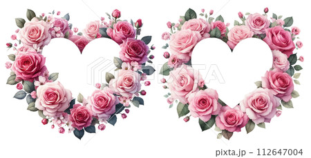 ピンクの薔薇のハート型のリースの水彩イラストの素材セット 112647004