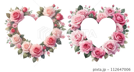 ピンクの薔薇のハート型のリースの水彩イラストの素材セット ピンクの薔薇のハート型のリースの水彩イラストの素材セット 112647006