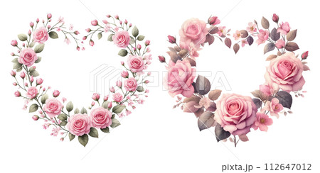 ピンクの薔薇のハート型のリースの水彩イラストの素材セット 112647012