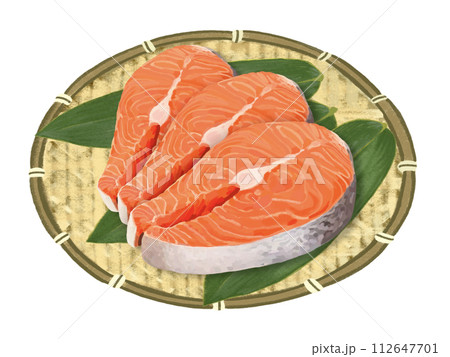 鮭の切り身（輪切り）ザル、笹の葉付き 112647701