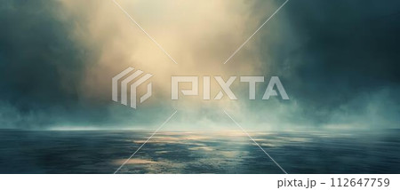 Dark street, wet asphalt, reflections of rays in the water. Abstract dark blue background, smoke, smog. Empty dark scene, neon light, spotlights. Concrete floor 112647759