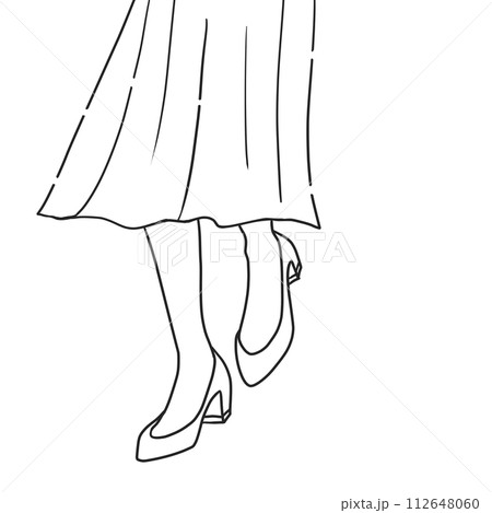 フレアースカートにパンプスを履いた女性が軽やかなステップで歩いている線画 112648060