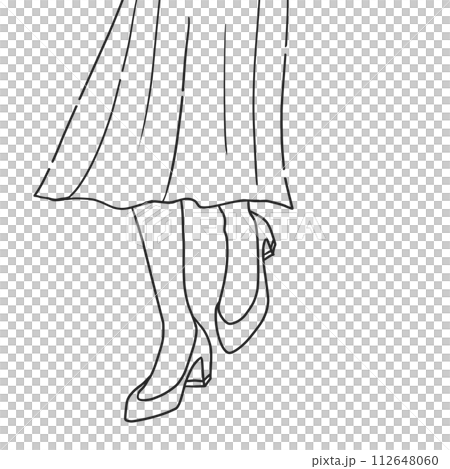 フレアースカートにパンプスを履いた女性が軽やかなステップで歩いている線画 112648060