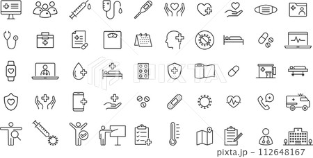 モノクロの医療に関する線画アイコンセット 112648167