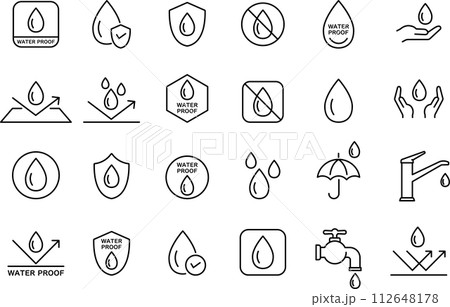 モノクロのウォータープルーフの線画アイコンセット 112648178