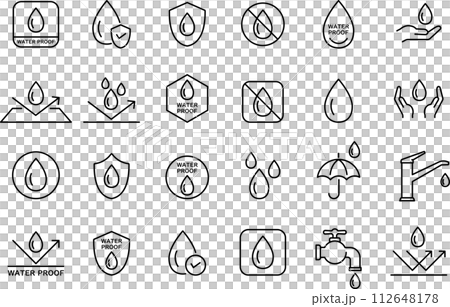 Monochrome waterproof line drawing icon set 112648178