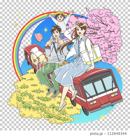A family going on a spring trip on a train 112648344
