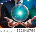 手にサイバーな明かりを持つビジネスマン　グローバルイメージ 112648769
