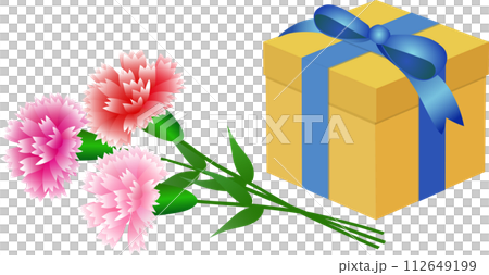 母の日のカーネーションとプレゼントボックスのイラスト 112649199
