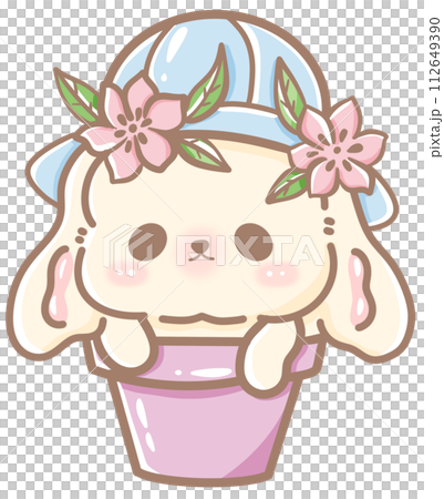 Handdrawn illustration Cute kawaii white rabbit bunny easter clipart easter eggs pastel color greeting card spring  112649390