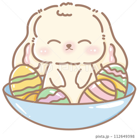 Handdrawn illustration Cute kawaii white rabbit bunny easter clipart easter eggs pastel color greeting card spring  112649398