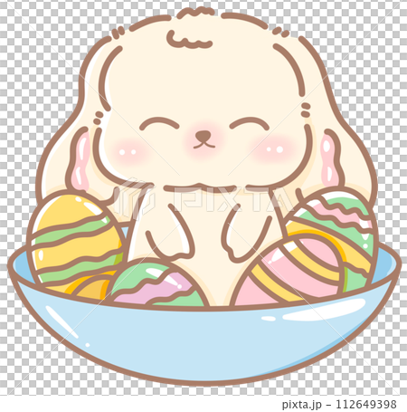 Handdrawn illustration Cute kawaii white rabbit bunny easter clipart easter eggs pastel color greeting card spring  112649398