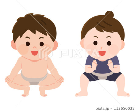 相撲をする男の子と女の子　イラスト 112650035