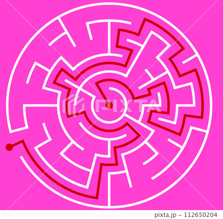 Little round vector labirinth. Vector easy white circle maze on pink background. A game with red 112650204