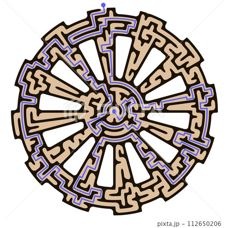 Maze inside a shape of big gear. Mechanic circle labyrinth with blue passing route. Original design 112650206