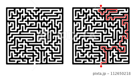 Vector rectangular labyrinth with red passing route. Difficulty level - easy. Maze in a shape of 112650218