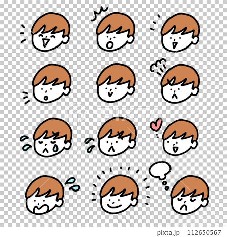 A set of illustrations of men's faces with various expressions: joy, anger, sadness, and happiness 112650567