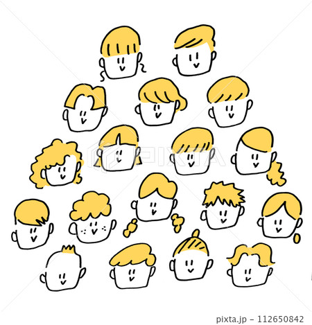 手描きの可愛いたくさんの笑顔の人々　顔　線画イラスト 112650842