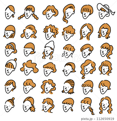 手描きの様々なヘアスタイルの女性の顔イラストセット　アイコン 112650919