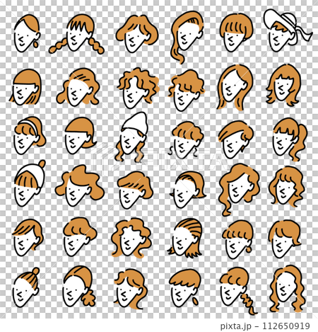 手描きの様々なヘアスタイルの女性の顔イラストセット　アイコン 112650919