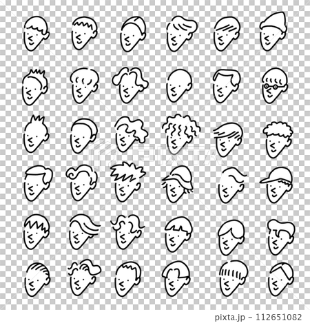 手描きの様々なヘアスタイルの男性の顔セット アイコン 線画 手描きの様々なヘアスタイルの男性の顔セット アイコン 線画 112651082