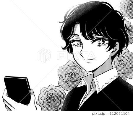 june風の美少年がスマホを持って微笑む白黒漫画イラスト june風の美少年がスマホを持って微笑む白黒漫画イラスト 112651104