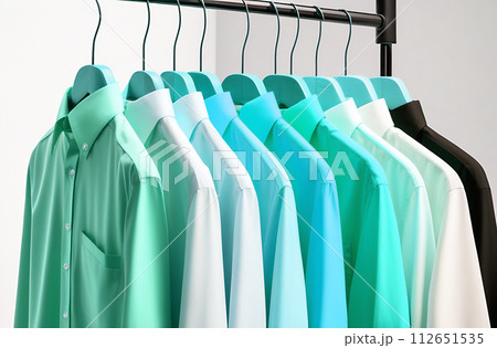 AI-generated content. Men's shirts hanging in a row on a hanger, close-up, clothing and fashion concept 112651535