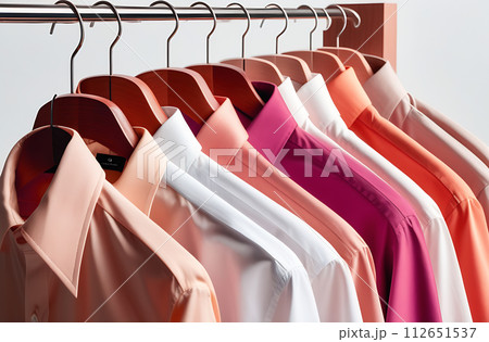 AI-generated content. Men's shirts hanging in a row on a hanger, close-up, clothing and fashion concept 112651537