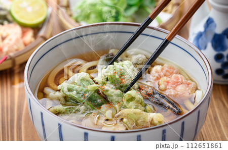天ぷらうどん 春の食材 ふきのとう、蕨(わらび)を使用 麺料理  天ぷらうどん 春の食材 ふきのとう、蕨(わらび)を使用 麺料理  112651861