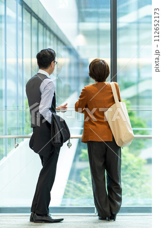オフィスで会話するビジネスウーマンとビジネスマン オフィスで会話するビジネスウーマンとビジネスマン 112652173