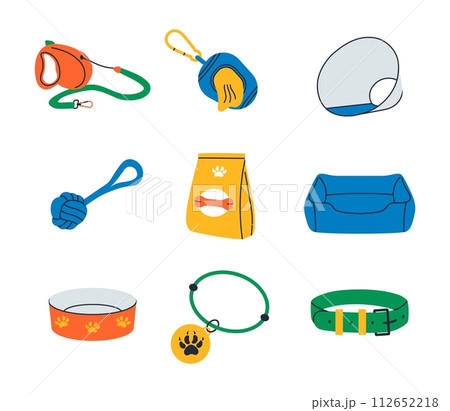 Dogs accessories. Pet tools. Veterinary shop. Collar with leash and badge. Canine feeder bowl. Doggy dry food bag. Poppies kennel cushion and ball toy. Domestic animals care. Vector vet supplies set 112652218