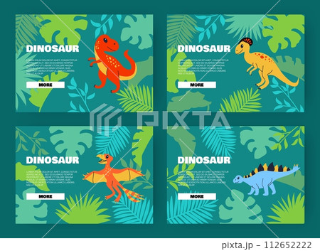 Dinosaur web design. Different types of dino on palm leaves background. Wild animals in tropical forest. Children education online paleontology site. Vector cartoon flat style isolated illustration 112652222